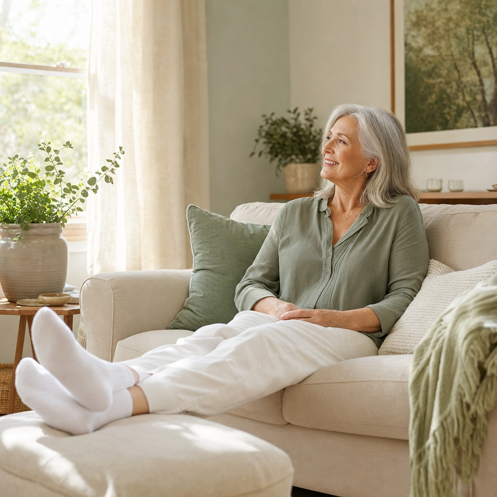 Relaxed senior woman resting her feet at home