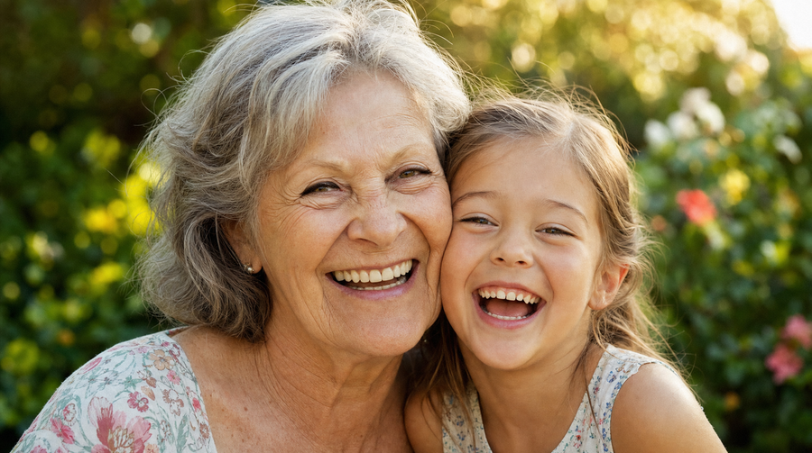 Grandmother and granddaughter laughing together