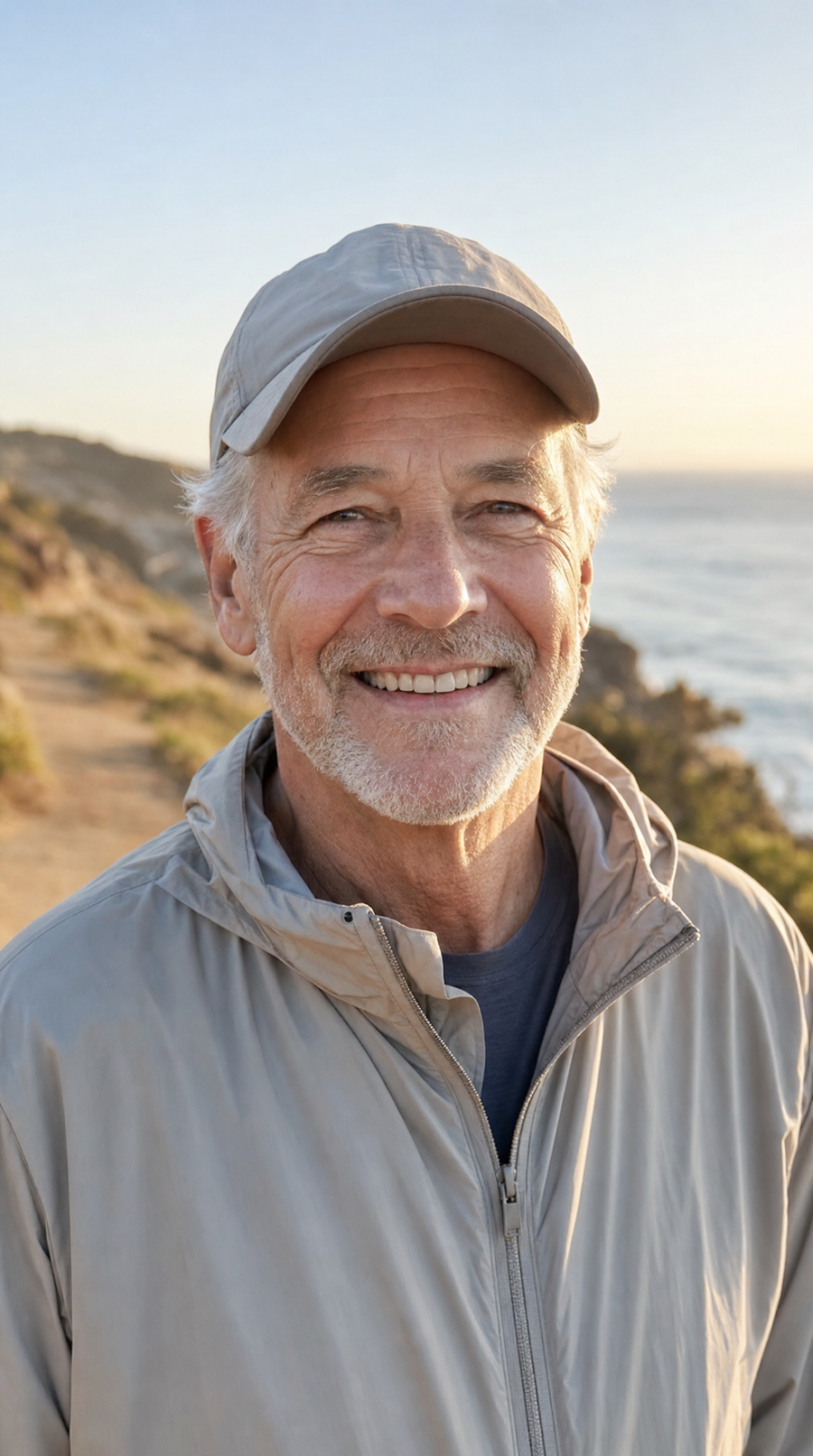 Senior man smiling on a morning coastal walk