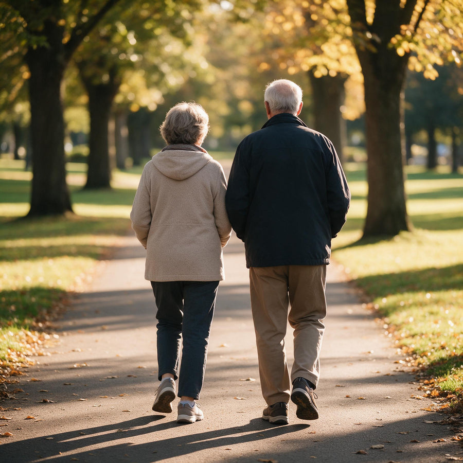 Senior couple walking along a park path